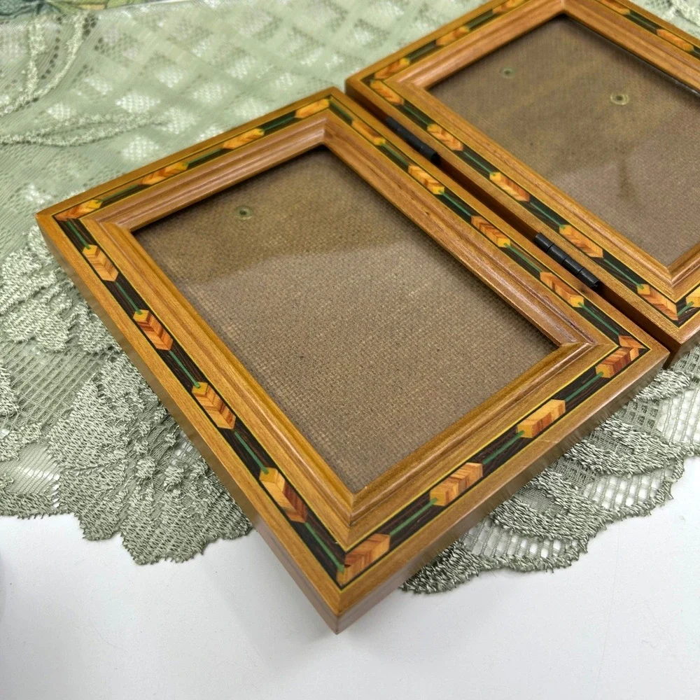 Vintage Wood Inlay Fetco Marquetry Double Frame Standing Wooden